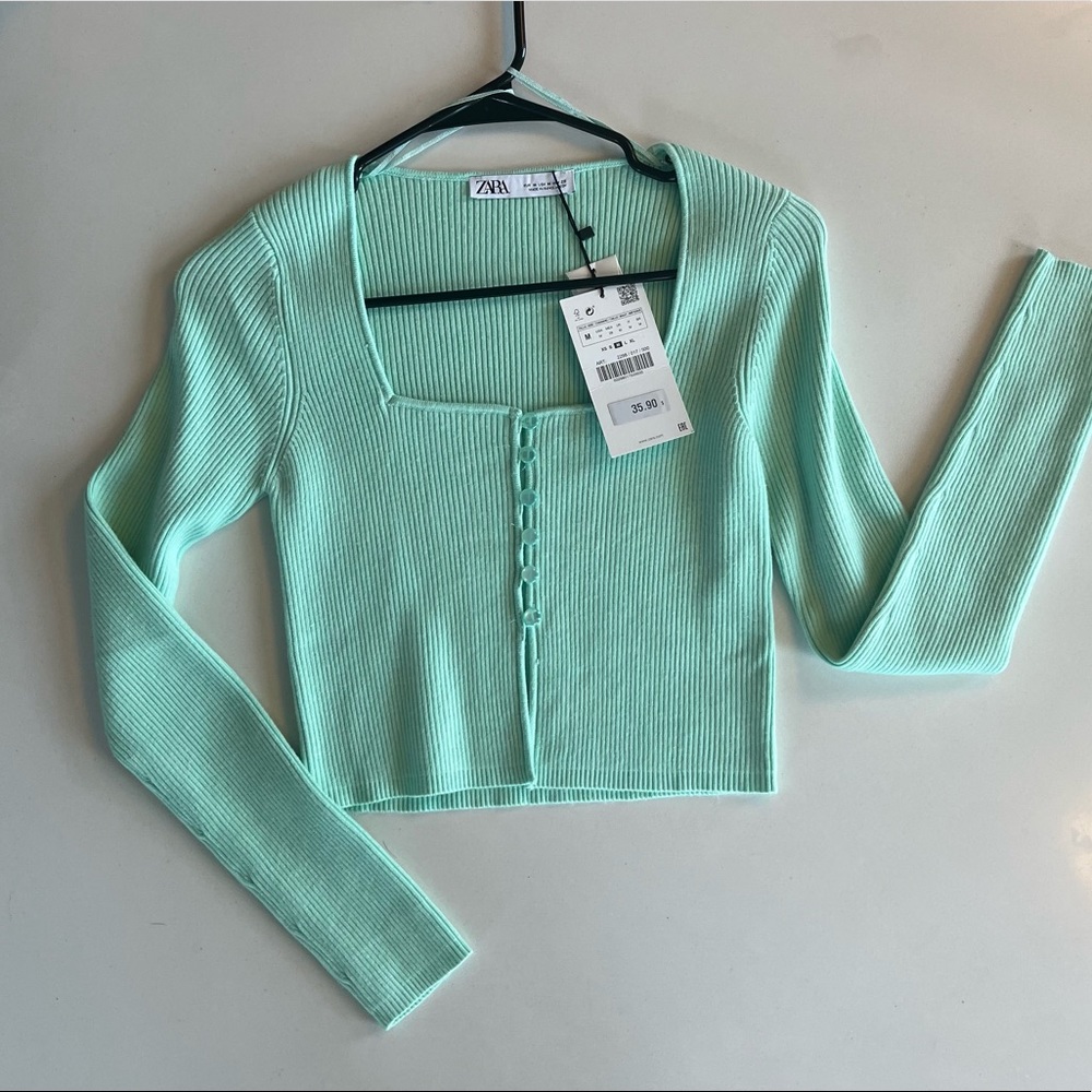 Zara Green Knit Cropped Jacket Cardigain